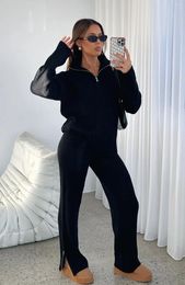 Women's Two Piece Pants Loose Knit Womens Sweat Suit Autumn Winter In Lapel Zipper Sweater Wide Leg Sets Elegant 2 Set Y2k Clothing