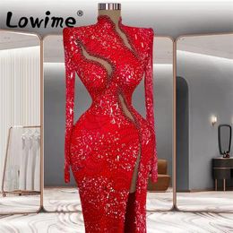 Party Dresses Modern Red Evening Long Sleeves Beaded Mermaid Dress For Weddings 2023 Shiny Sequins Prom Gowns Custom Made Robe