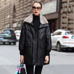 Women's Leather High End Fashion Mink Collar Natural Sheepskin Down Coat Winter Mid Length Drawstring Slimming Genuine Jacket