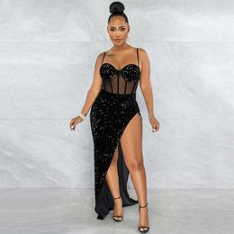 Women Mesh Patchwork High Side Split Sequin Bodycon Midi Backless Maxi Long Dress Sexy Night Party Spaghetti Strap Dresses