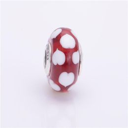 Red and white murano hearts S925 silver fits style bracelets 790948 H8215n