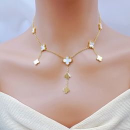 Korean version square diamond shell flower double layer collarbone chain hollowed out titanium steel tassel necklace, elegant girl