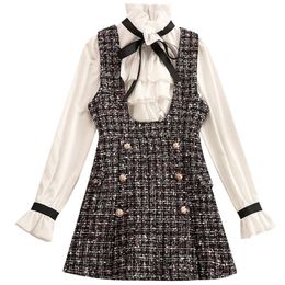 Autumn Winter 2 Piece Set Overalls Dress Women Elegant Ruffles Chiffon Bow Shirt Top Double Breasted Plaid Tweed Vest285J