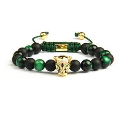 Men Panther Cz Bracelets Whole 8mm Natural Matte Agate & Green Tiger Eye Stone Leopard Macrame Jewelry244N