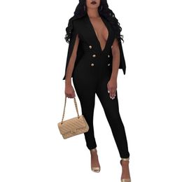 NEW Cloak Trousers Rompers Womens Jumpsuit V Neck Buttons Outfits Evening Party Overalls Full Bodysuit Bodycon Sexy Jumpsuits229e