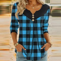 Women's Blouses V-neck Women T-shirt Stylish Christmas Plaid Blouse Tunic Tops With Button Decor Long Sleeves Mid-length