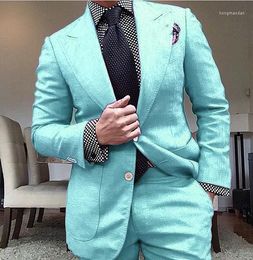 Men's Suits 2023 Latest Summer Mint Linen Suit For Beach Wedding 2 Piece Casual Men Slim Fit Custom Made Vacation Male Clothing Blazers