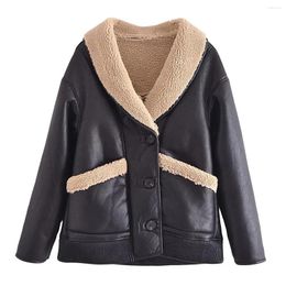 Women's Leather Faux Jacket Women Autumn Winter Thick Fashion Polo Collar Fur Integrated Warm Coat Single Breasted Loose