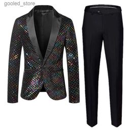 Men's Suits Blazers ( Blazer + Pant ) Fashion Men Sequin Suit 2 Piece Gold / Silver 2023 Men's Luxurious Stage Party Plaid Loose Dress Set Q231025