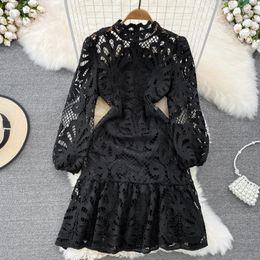 Casual Dresses Fashion Ladies Slim A-line Ruffle Hook Flower Hollow Dress Stand Collar Bubble Sleeve Waist Shrink White Black Long Lace