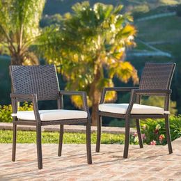 Camp Furniture Outdoor Wicker Dining Chairs With Water Resistant Cushions 2-Pcs Set Multibrown / White