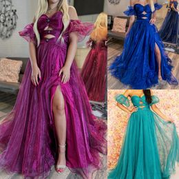 Magentafarbenes Organza-Abschlussballkleid 2k24, abnehmbare Ballonärmel, Schlüsselloch, Damenfestzug, Winter, formelles Cocktailpartykleid, roter Teppich, Laufsteg, Drama, Black-Tie-Gala, hoher Schlitz, Blau