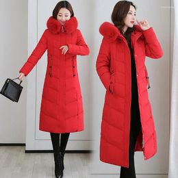 Women's Trench Coats 2023 High Quality Lengthen Cotton Padded Coat Women Winter Jacket Fur Collar Hooded Thick Warm Slim Wadded Lady