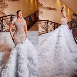 Exquisite Lace Mermaid Prom Dress Shine Crystal Lllusion Ball Gown Pleated Tulle Brush Train Bridal Gowns Dress Customized vestido de novia D-H23551