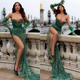 Green Crystal Mermaid Evening Dresses Split Sweetheart Party Prom Diamond Formal Long Red Carpet Dress For Special Ocn