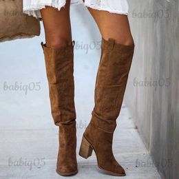 Boots Women Suede Knee High Boots Ladies Solid Pointed Toe Tall Boots Retro Roman High Heels Shoes 2022 Female Autumn Winter Long Boot T231025