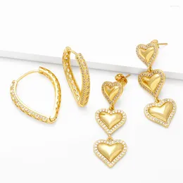 Hoop Earrings FLOLA Three Heart Hollow Charm C Hoops For Women Copper Zircon Gold Plated Big Exquisite Jewelry Gifts Erst80