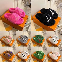 Top Designer Women Furry Slippers Luxury Fur slides Comfort Mule Fluffy Shoes Slip On Cloud White Black Pink Brown Green Womans Fuzzy Platform Sliders mules Slipper