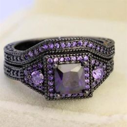 Wedding Rings Creative Fashion Jewelry Princess Cut Purple Zircon Stone Black Filled Ring Set Anniversary257D