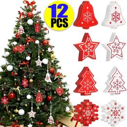 Christmas Decorations 12PCSset DIY White Red Wooden Pendants Noel Ornaments for Kids Gifts Tree 231025