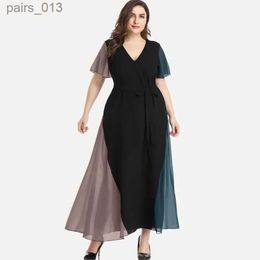 Basic Casual Dresses Plus Size V-neck Summer Elegant Chiffon Party Dress Women Short Sleeve Maxi Sash Waist Fit Flare Evening 6XL YQ231025