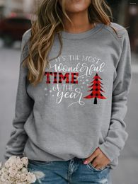 Women's Hoodies Plus Size Christmas Casual Sweatshirt Plaid Tree & Slogan Print Long Sleeve Round Neck Slight Stretch Pu