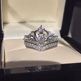 Sparkling Ins Top Sell Lovely Fine Jewelry 925 Sterling Silver Crown Ring White Topaz CZ Diamond Promise Women Wedding Bridal Ring311R