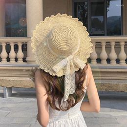 Wide Brim Hats Women Summer Hat Foldable Hollow Lace Trim Straw Girls Outdoor Travel Casual Bucket Beach Sunscreen