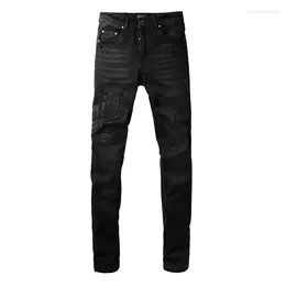Men's Jeans The High Quality Brand Black Streetwear Slim Fit Leather Letters Embroidered Patches Stretch
