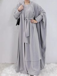Ethnic Clothing Eid 2 Piece Kimono Abaya Matching Muslim Sets Crepe Abayas For Women Dubai Turkey Short Sleeve Hijab Inner Dresses African