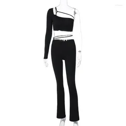 Women's Two Piece Pants Autumn Open Umbilical Lace Up One Shoulder Long Sleeve Top Fashion Casual Set For Women