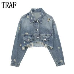 Women s Jackets TRAF 2023 Denim Cropped Jacket Women Blue Oversize Woman Long Sleeve Bomber for Autumn Ripped 231025