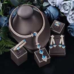 Necklace Earrings Set Luxury Gold Plated 4pcs Cubic Zirconia Long Pendant Dubai Bridal Wedding Jewellery For Women