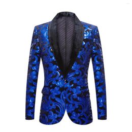 Men's Suits Men Fashion Blue Velvet Sequins Floral Pattern Suit Jacket Blazer One Button Tuxedo Blazers Party Wedding Prom