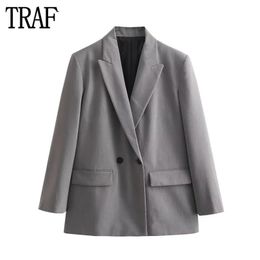 Womens Suits Blazers TRAF Grey Oversize Long Blazer Women Double Breasted for Autumn Office Jacket Masculine Woman 231025