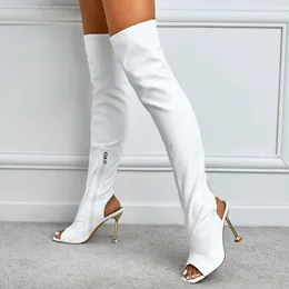 Boots Maogu Sexy Open Toe Stripper Heels White Booties Fashion Motorcycle Shoes Women Pumps Leather Thigh High Over The Knee 42