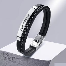 Bangle Mti Layer Leather Bracelets For Men Women Customizable Engraving Stainless Steel Casual Personalised Bangle 21Cm Drop Deliv Dhg Otb7W