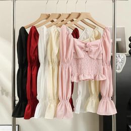 Women's Blouses Autumn Blouse For Women Square Collar Long Puff Sleeve Folds Bare Midriff Skinny Shirts French Chic Casual Tops Drop