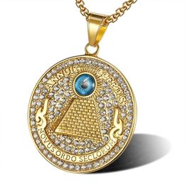 Hip Hop Bling Stainless Steel Illuminati Eye Annuit Cceptis Novus Ordo Seclorum Masonic Pendant Necklaces for Men Rapper Jewelry2429