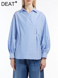 Women's Blouses Fashion Shirt Lapel Falling Shoulder Sleeve Single Button Blue Stripe Lace-up Blouse Autumn 2023 Tide 7AB948