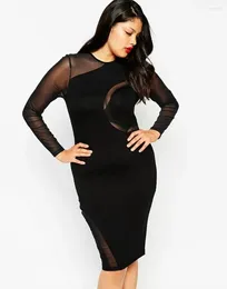Plus Size Dresses Mesh Patchwork Bodycon Dress Women Long Sleeve Solid Black Sexy Sheath Club Knee Length Spring Party 6XL