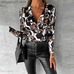 Women's Blouses Shirts Women Elegant Pattern Print Skinny Blouse Sexy Deep V-Neck Waist Skinny Pullover Tops Office Casual Long Sleeve Commuter Shirts T231025