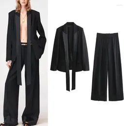 Women's Suits Woman's Black Blazer Sets 2023 Autumn Fashion Jacket Women Long Sleeve Open Outerwear Female Chic Satin Tie In Coat