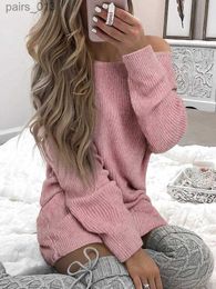 Basic Casual Dresses Off Shoulder Women Sweater Fashion Criss-Cross Open Back Pullover Knitted Dress Winter Loose Fit Short Skirt Pink YQ231025