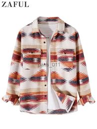 Men's Jackets ZAFUL Shirt Jacket for Men Ethnic Aztec Print Streetwear Shacket Button Fly Fall Winter Unisex Shirt Coat Long Sleeves Outerwear YQ231025