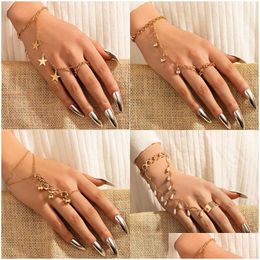 Band Rings Vintage Punk Butterfly Ring With Bracelet Link Wrist Chain Finger For Women Charms Lady Trendy Aesthetic Jewelry Gift Dr Dh Otemc