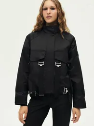 Women's Jackets RR2784 Waterproot Black Bomber For Women Official Store Contrast High Neck Long Sleeves With Matching Bands Coat