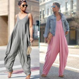 Summer Casual Loose Harem Jumpsuit Spaghetti Strap Wide Pant Women V Neck Sleeveless jumpsuit Big Oversize Harem Romper One-piece 339q