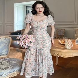 Basic Casual Dresses Mesh Strap Dress Sweet Gentle Elegant Dress for Women Mesh Flower Pleate Bubble Sleeve Bodycon Fishitail Robe196W