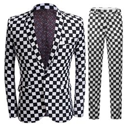 Fashion Black And White Check Club Prom Formal Clothing Slim Men S Wedding Suit Groom Tuxedo Piece Set
